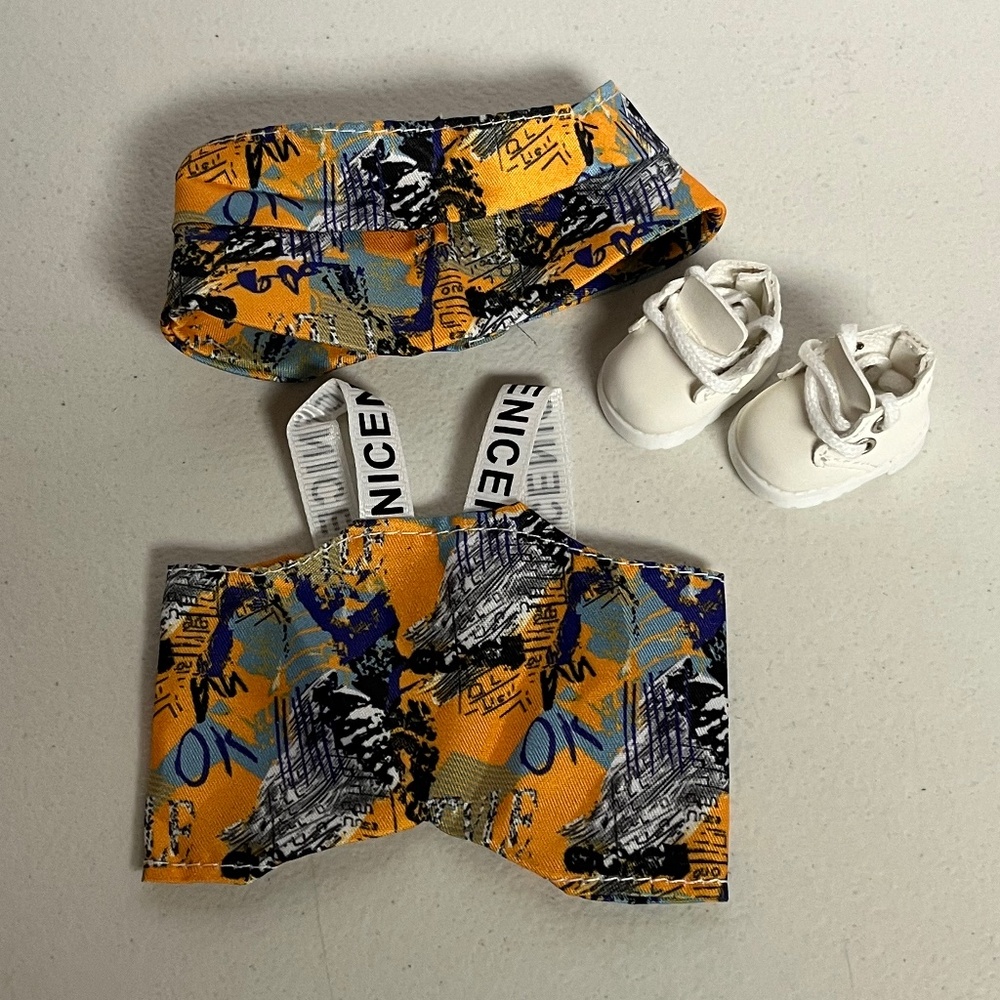 Designer Graffiti Overalls Boots Bucket Hat 3 Piece Outfit For Labubu Blue